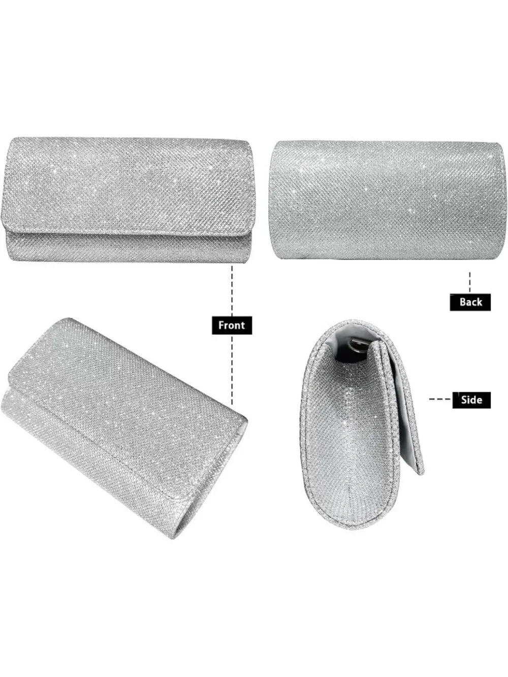 Women's Silver Glitter Clutch Purse Evening Bag With Chain For Wedding Handbag